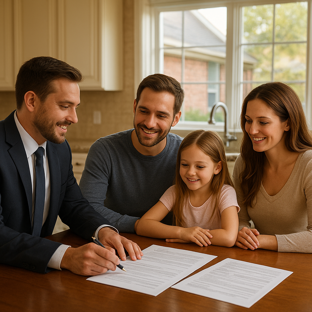Family reviewing mortgage documents with a loan officer at a kitchen table, Texas suburban home visible through the window