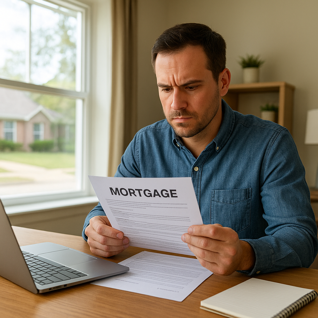 Homeowner reviewing mortgage paperwork at home office desk, appraisal gap strategy