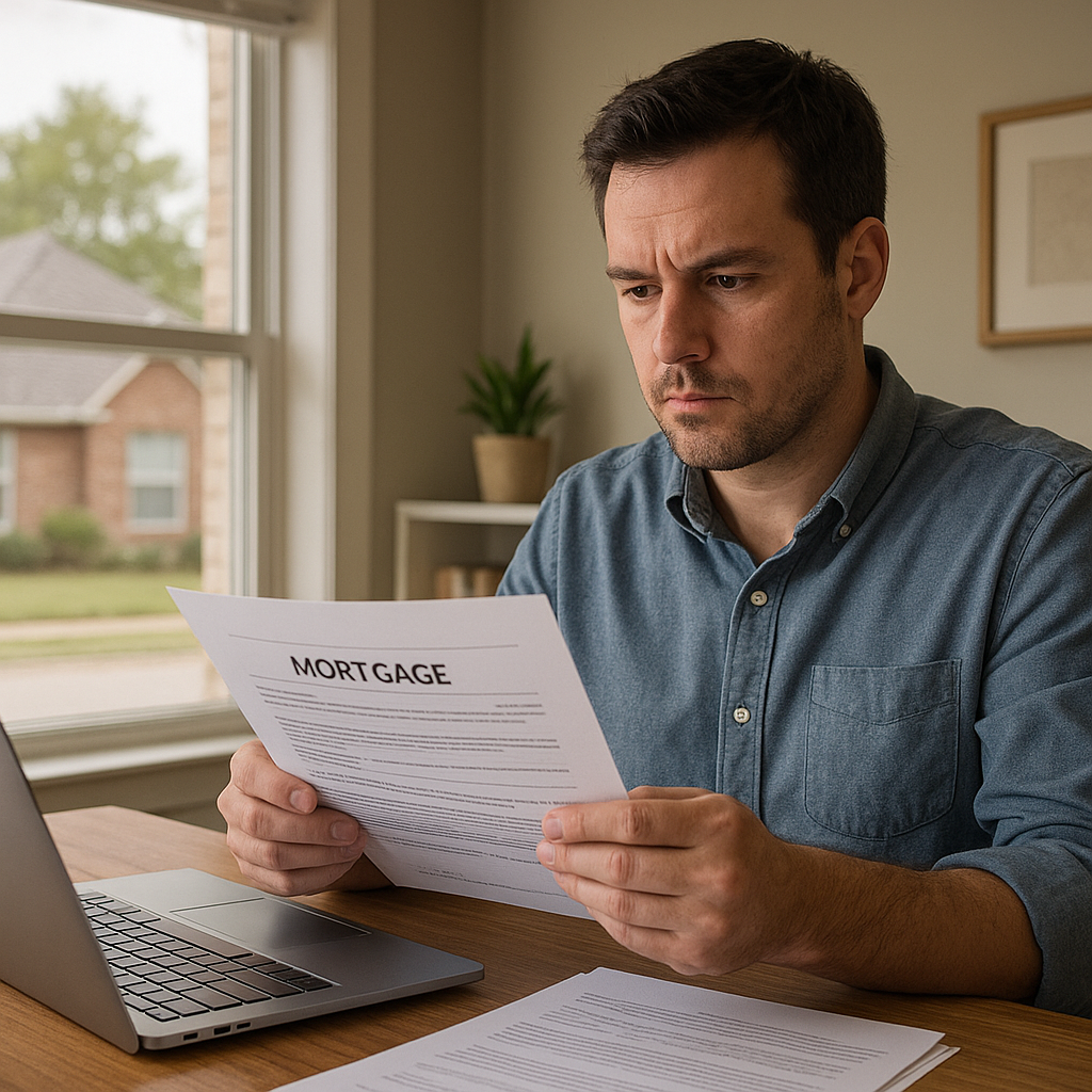 Homeowner reviewing mortgage paperwork at a home office desk