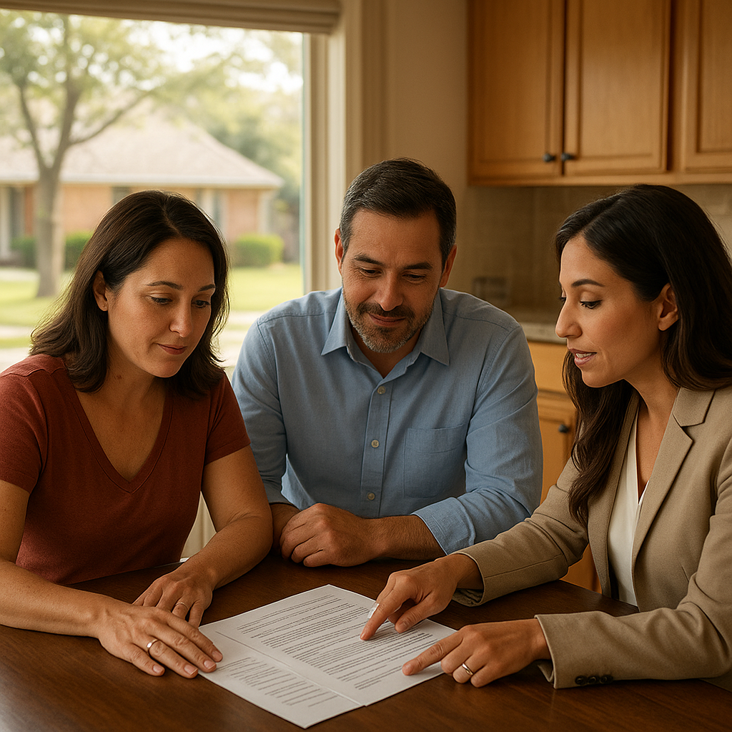 Homeowners reviewing assumable mortgage paperwork in Texas suburban home — DFW assumable loan guide 2026