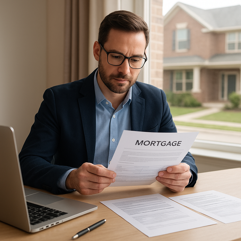 Self-employed business owner reviewing mortgage documents and bank statements at modern desk in DFW Texas