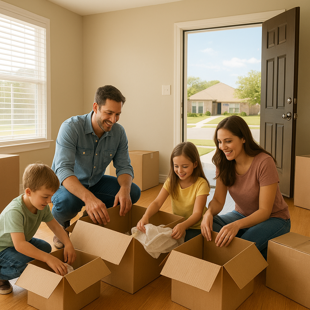 Family moving into new Texas home with boxes, suburban DFW neighborhood