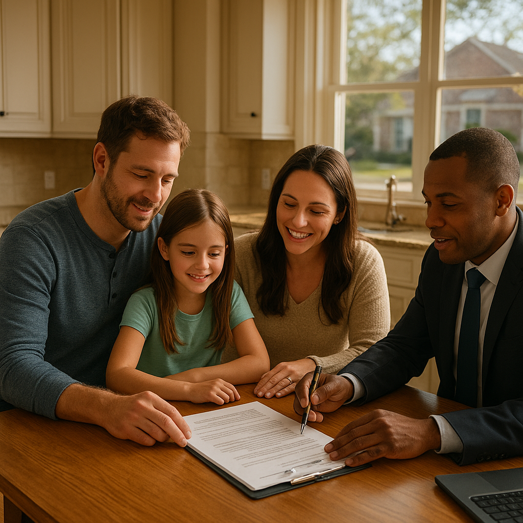Family reviewing mortgage documents with loan officer while planning a move-up home purchase in Texas