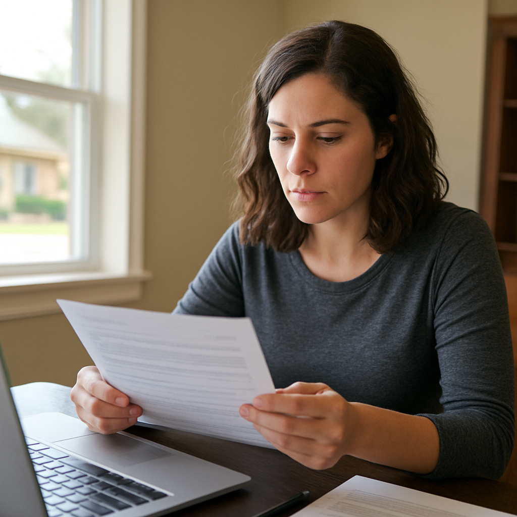 Texas homeowner reviewing cash-out refinance paperwork at home office desk