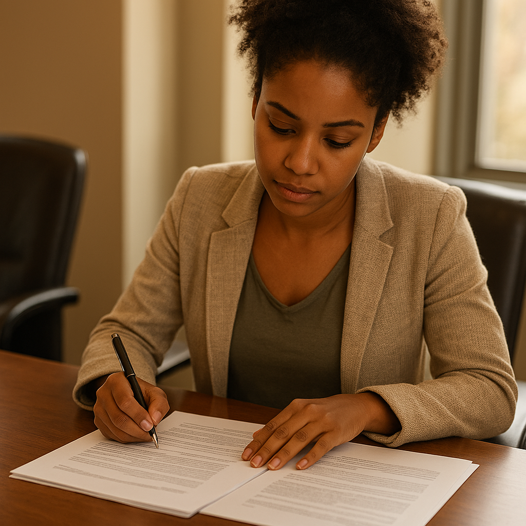Texas homebuyer reviewing a closing disclosure document at a title company table