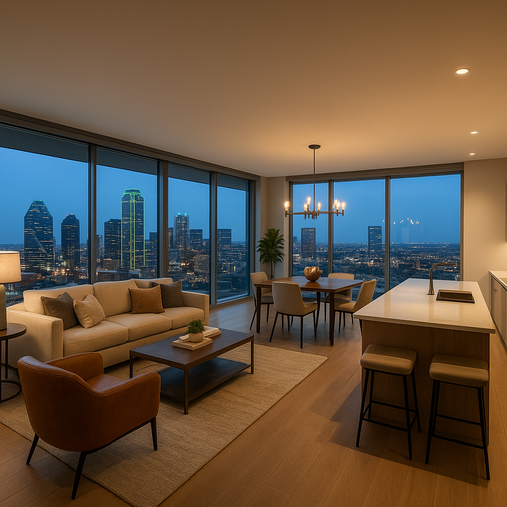 Modern Dallas condominium interior with city skyline view and open floor plan