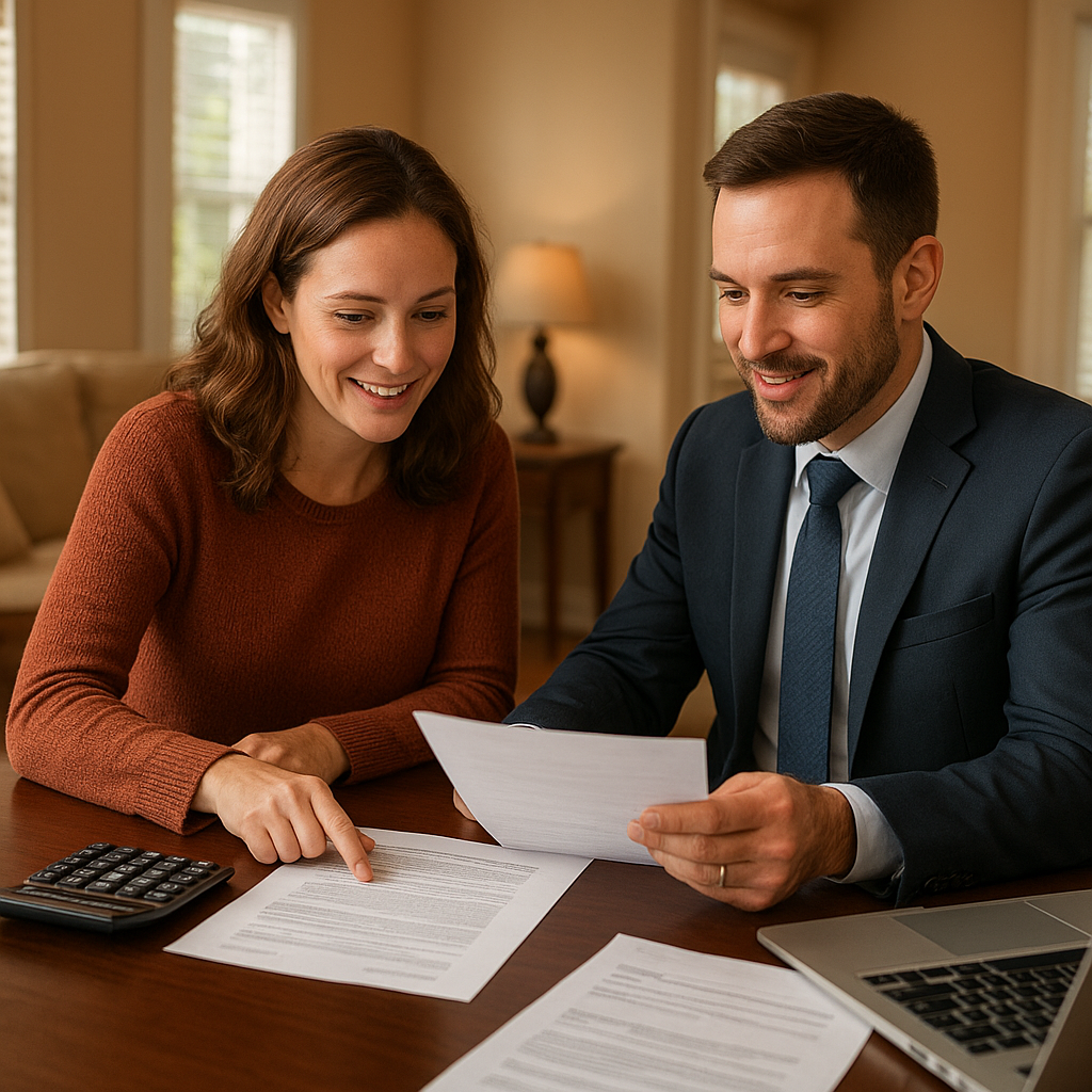 Homeowner reviewing credit report and mortgage documents with a Texas loan officer