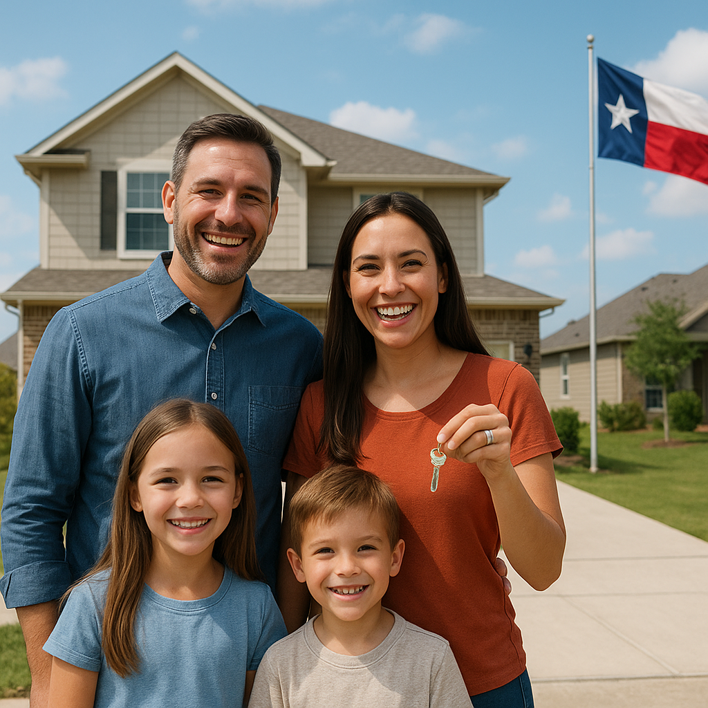 Happy family holding house key in front of new Texas home