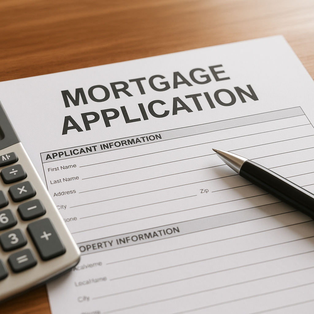 Mortgage application form with calculator on a desk