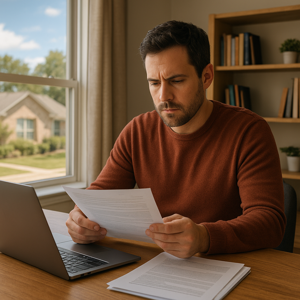 Homeowner reviewing mortgage rate paperwork with calculator