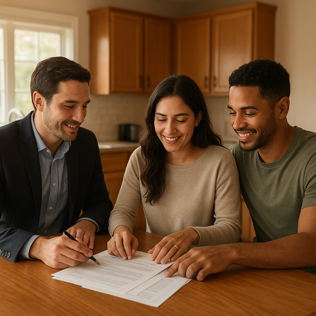 Young couple reviewing Dallas DHAP down payment assistance mortgage documents at kitchen table