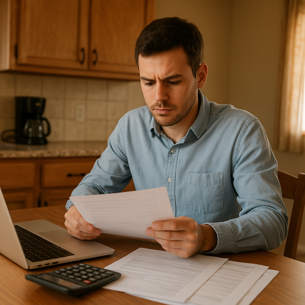 Young professional reviewing student loan and mortgage paperwork for deferred student loans DTI post