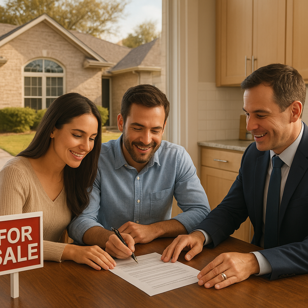DFW buyer reviewing offer paperwork with mortgage officer, Texas home in background