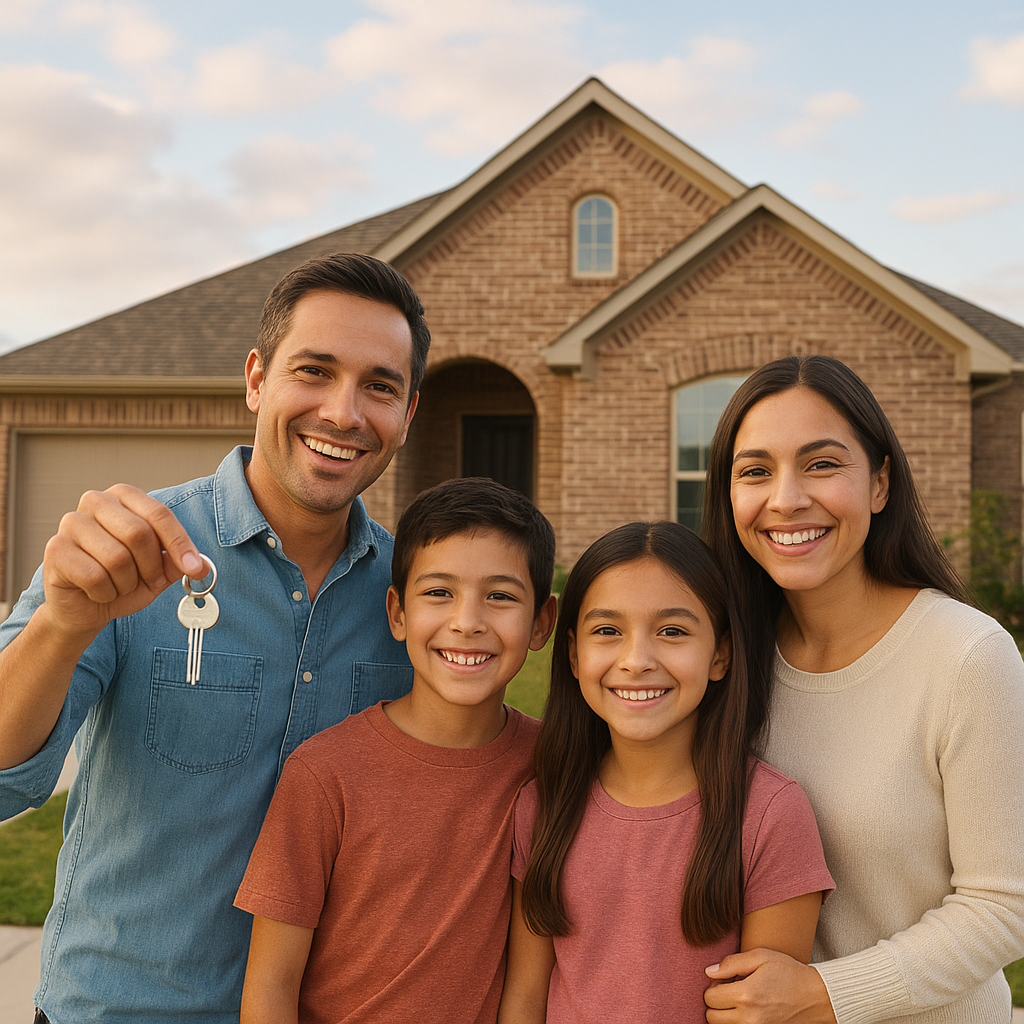 Happy family standing in front of Texas home holding house keys — foreclosure purchase opportunity DFW