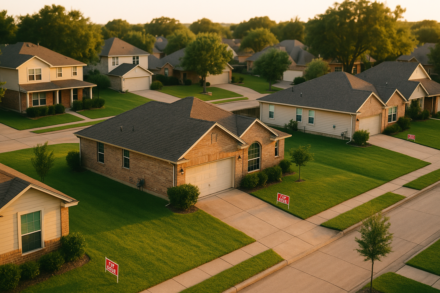 Aerial view of a Texas suburban neighborhood with for-sale signs on a few lawns