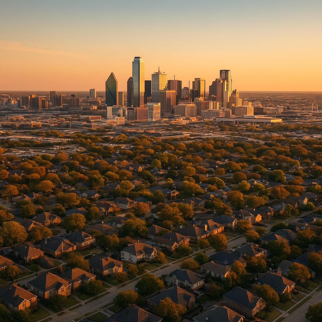 Dallas-Fort Worth Texas skyline with suburban neighborhoods