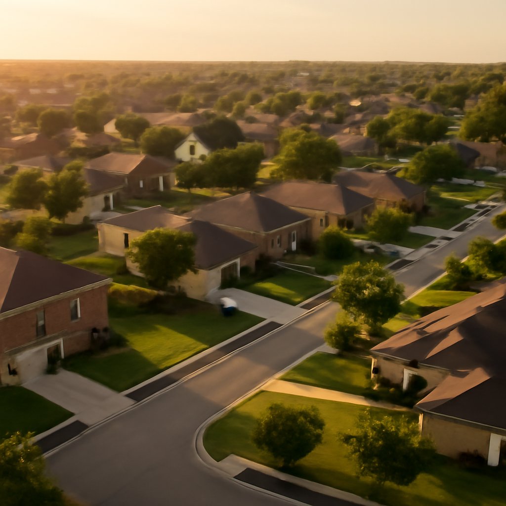 Aerial view of a quiet Texas suburban neighborhood of new single-family homes at golden hour