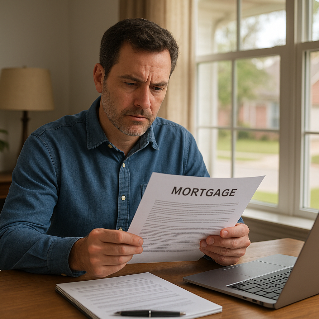 Homeowner reviewing mortgage refinance paperwork at home desk