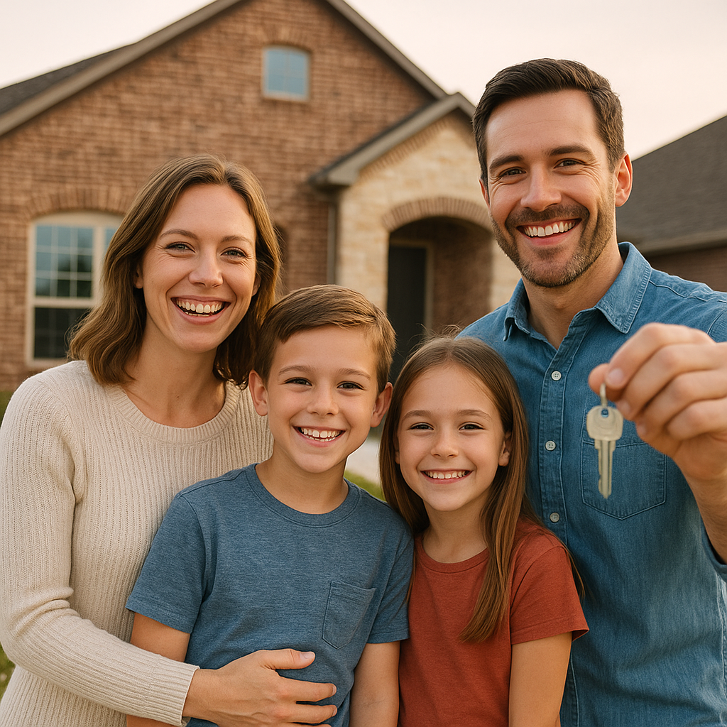 Happy family holding house keys in front of new Allen Texas home with down payment assistance