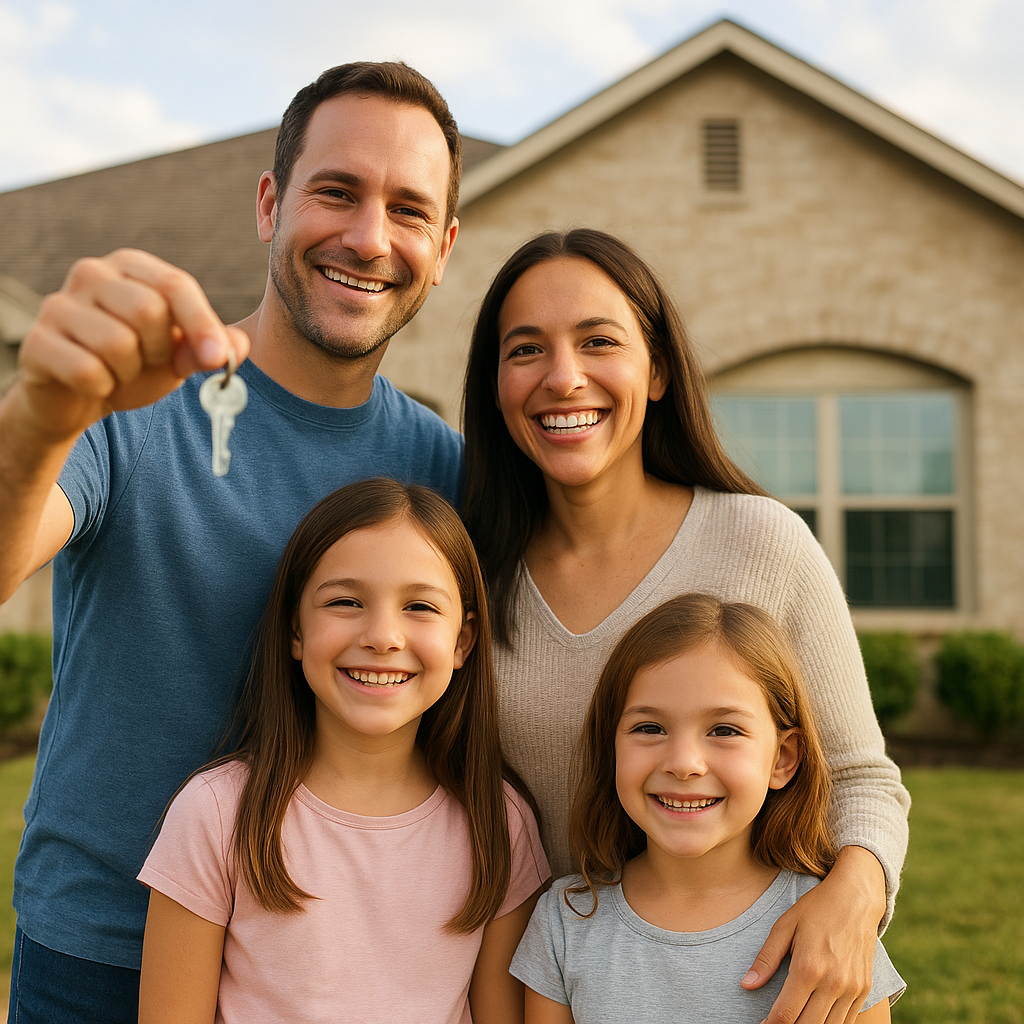 Happy family holding house key in front of new home in Arlington TX after using down payment assistance