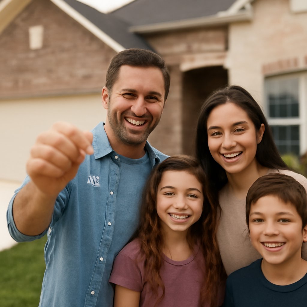 Happy family standing in front of their new suburban home in Arlington, Texas holding the house key