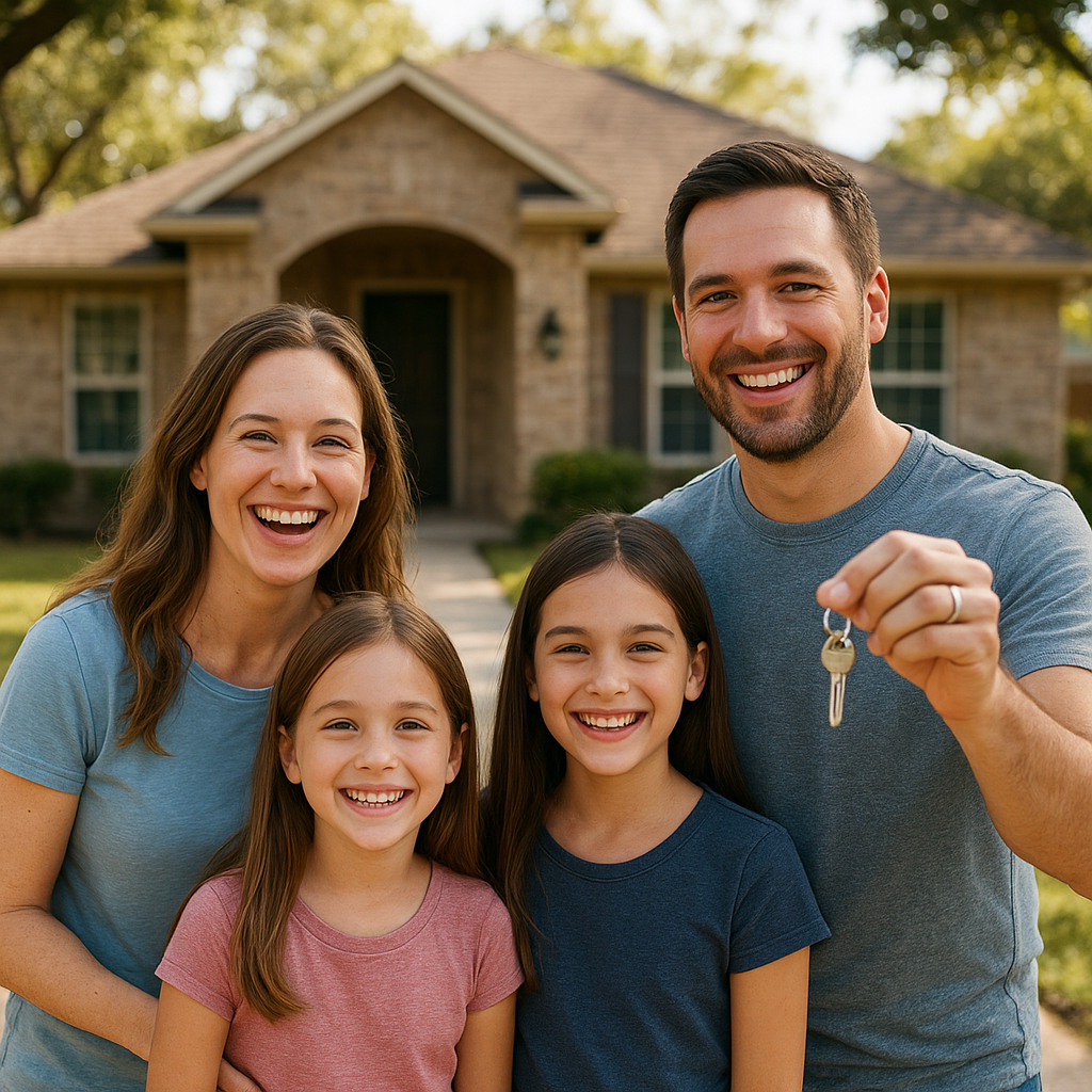 Happy family holding house keys in front of new Denton Texas home with down payment assistance