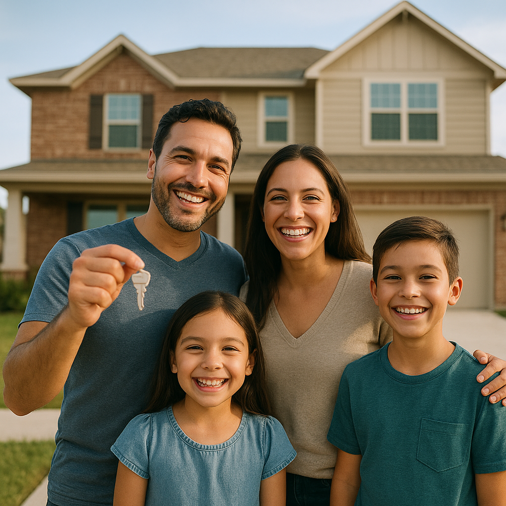 Happy family holding house keys in front of new Flower Mound Texas home with down payment assistance