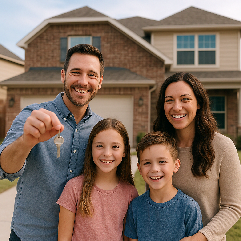 Happy family holding house keys in front of new Forney Texas home with down payment assistance