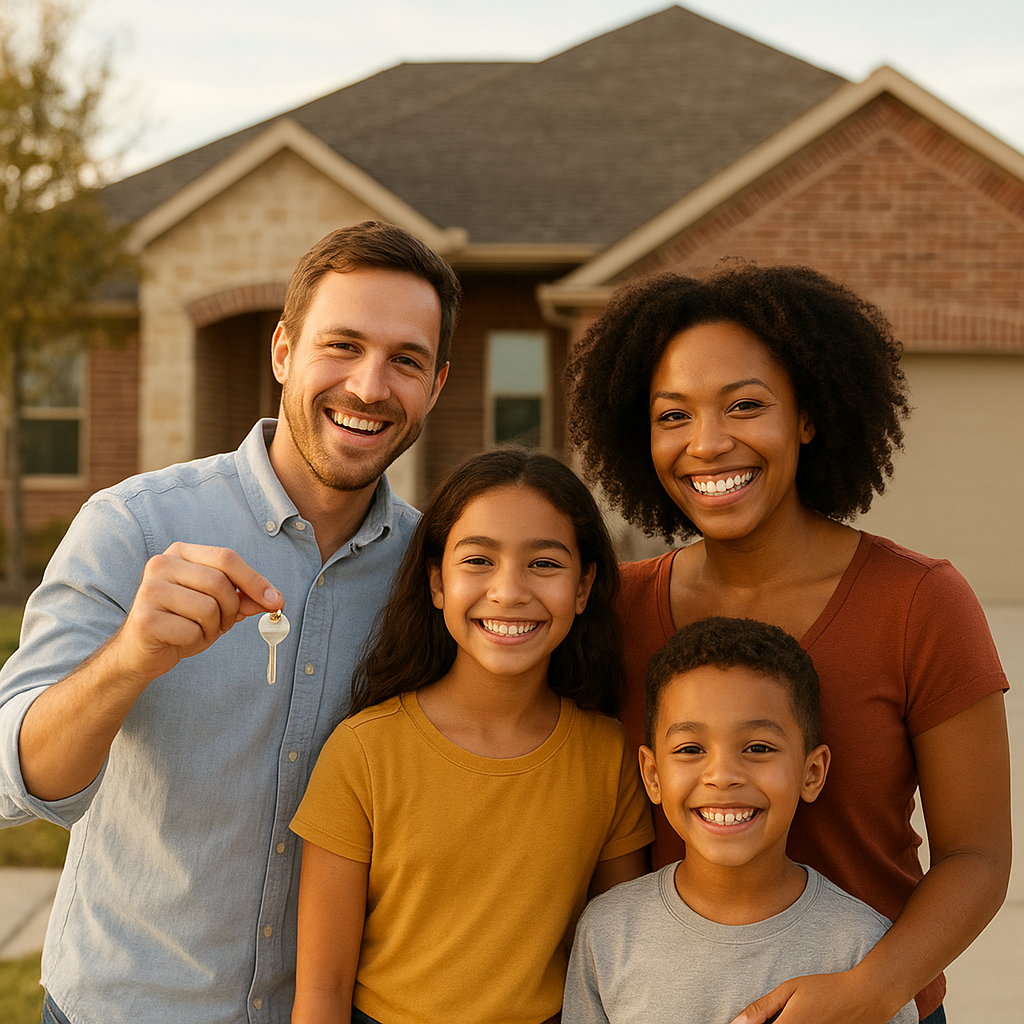 Happy family holding house keys in front of new Fort Worth Texas home with down payment assistance