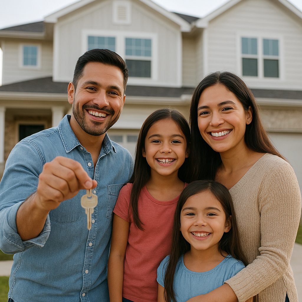 Happy family holding house keys in front of new Frisco Texas home with down payment assistance