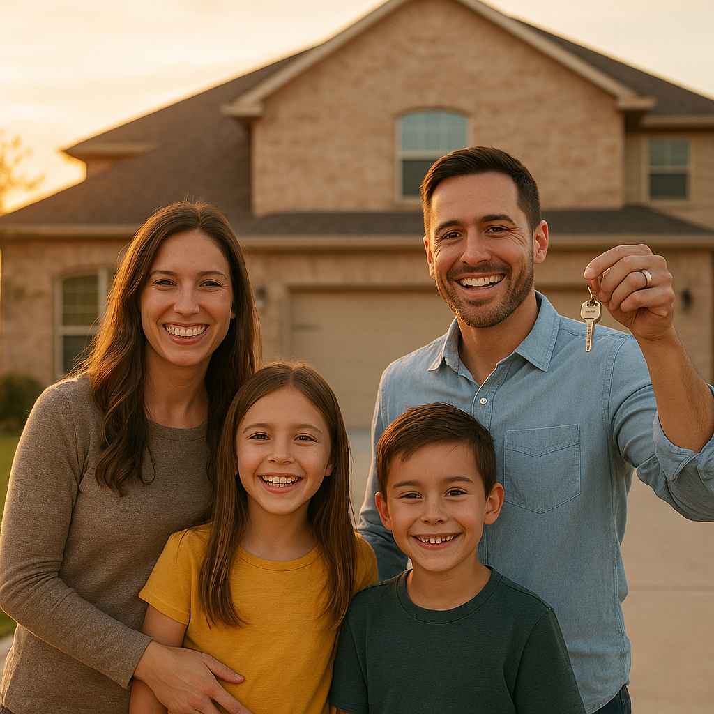 Happy family holding house keys in front of new Garland Texas home with down payment assistance