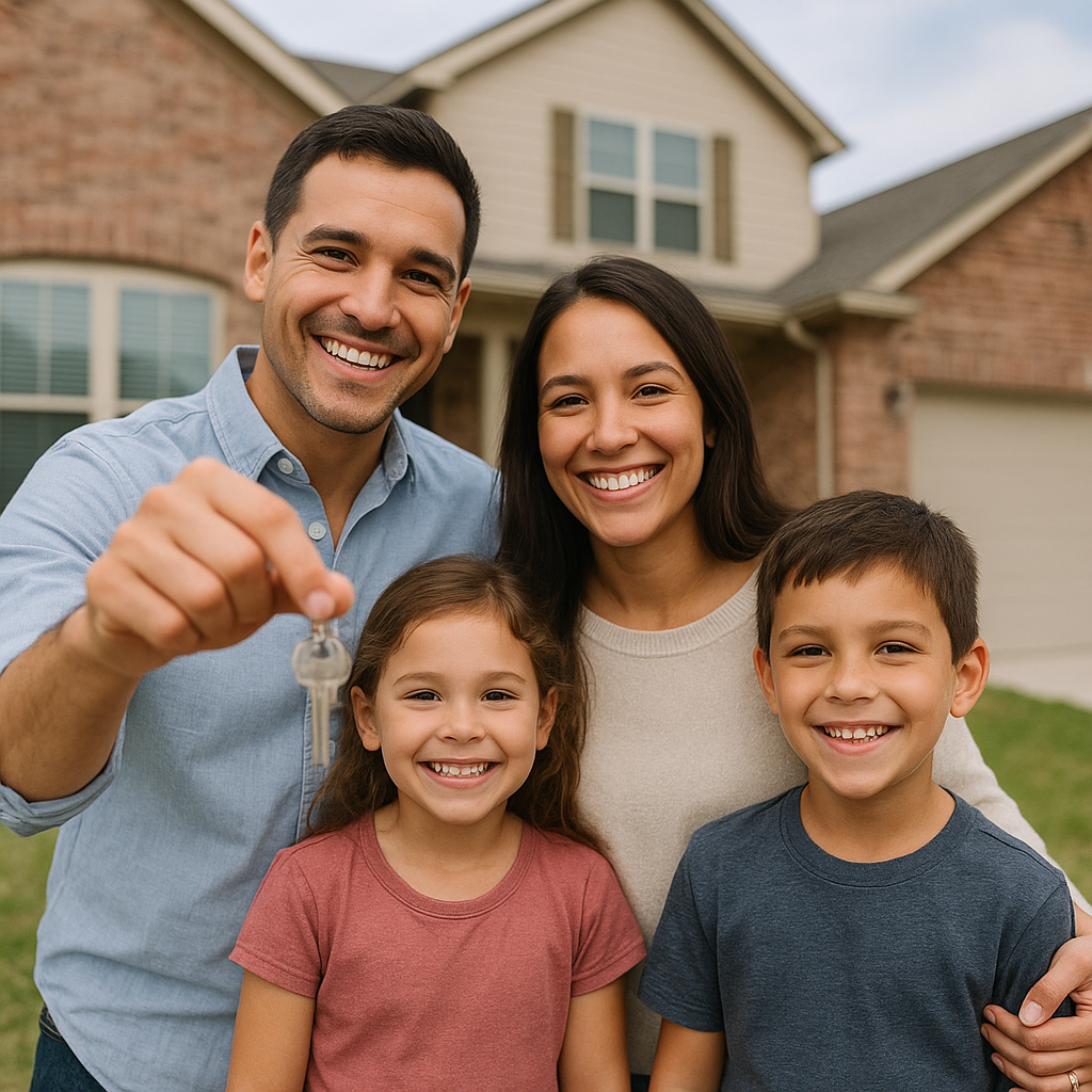 Happy family holding house keys in front of new Grapevine Texas home with down payment assistance
