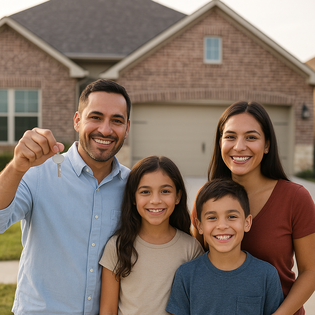 Happy family holding house keys in front of new Irving Texas home with down payment assistance