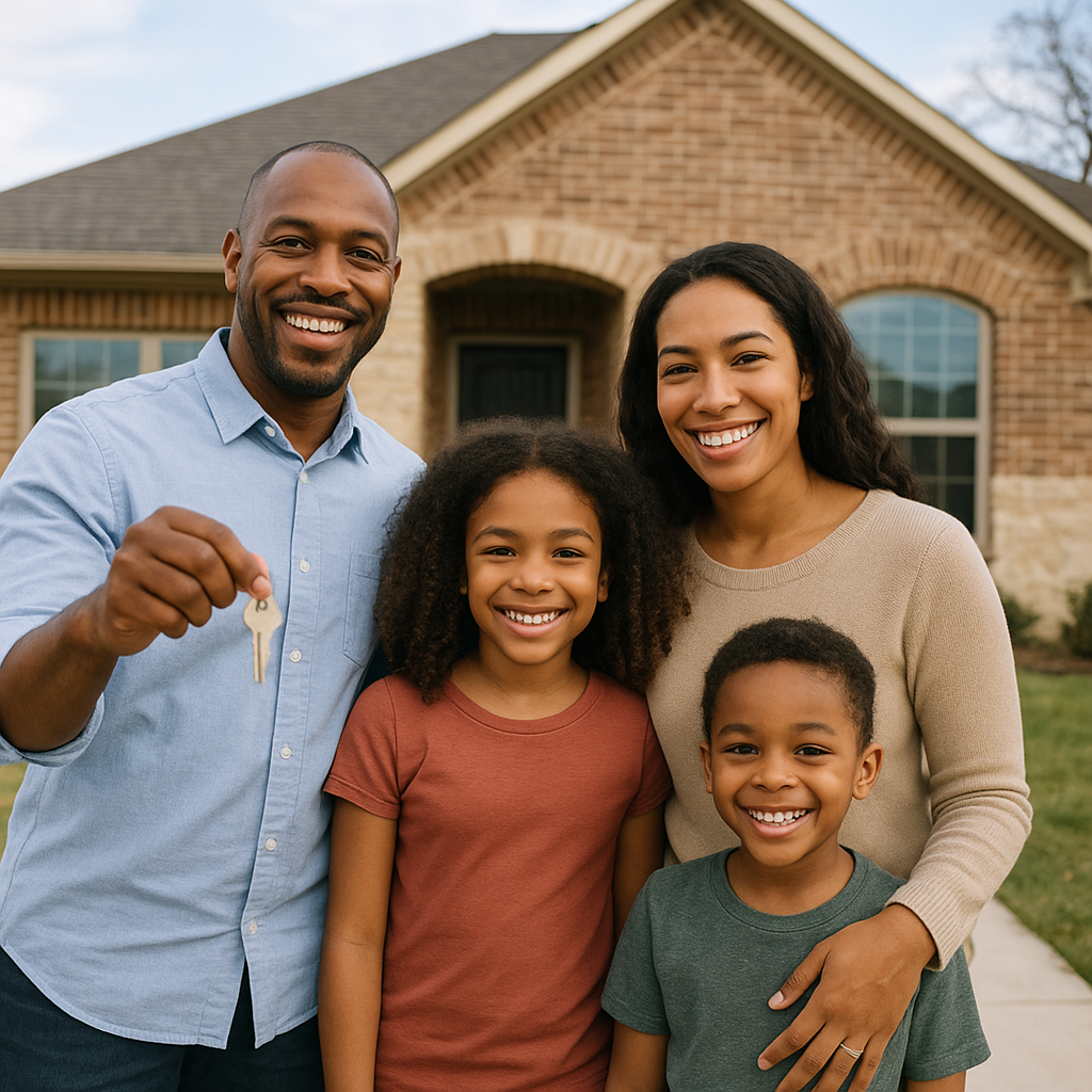Happy family holding house keys in front of new Lewisville Texas home with down payment assistance