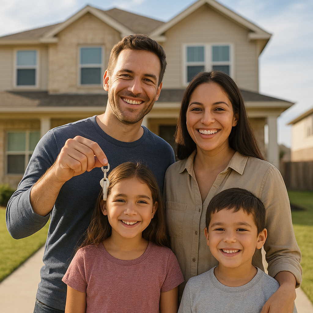 Happy family holding house keys in front of new Mansfield Texas home with down payment assistance