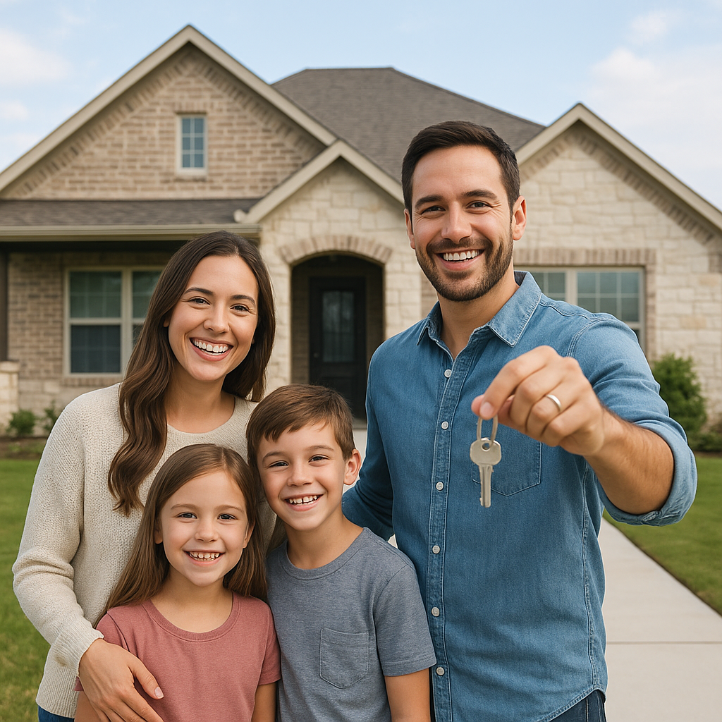 Happy family holding house keys in front of new McKinney Texas home with down payment assistance