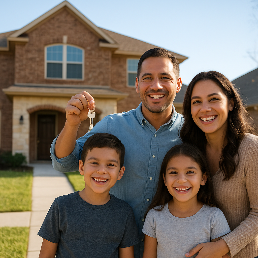 Happy family holding house keys in front of new Mesquite Texas home with down payment assistance