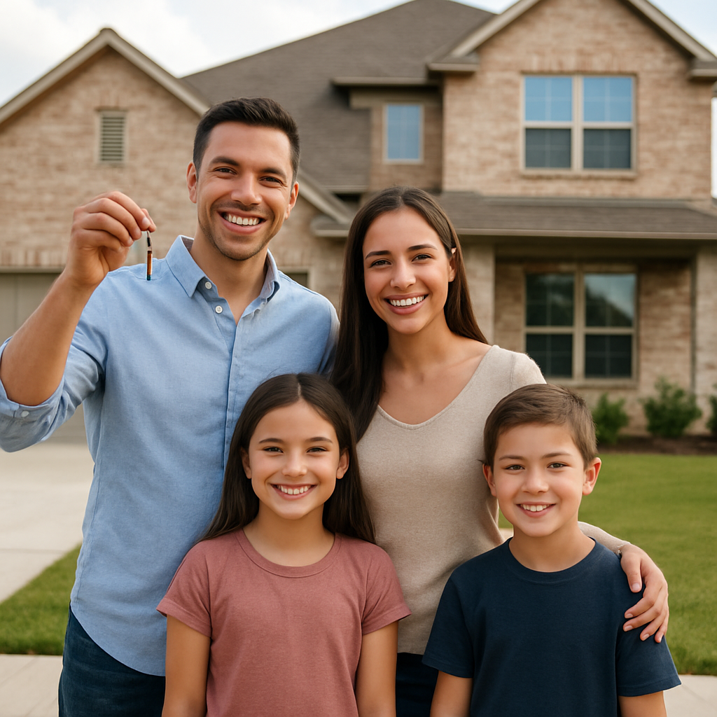 Happy family holding house keys in front of new Plano Texas home with down payment assistance