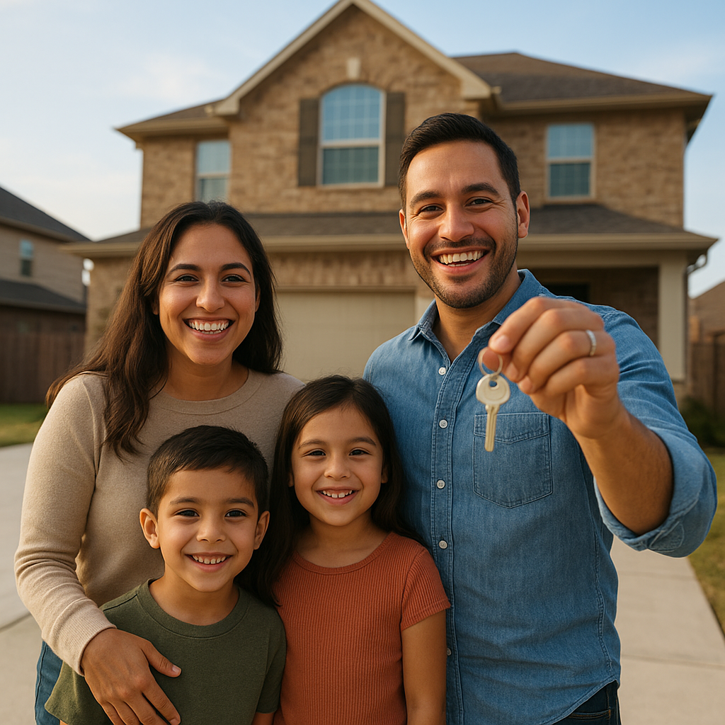 Happy family holding house keys in front of new Prosper Texas home with down payment assistance