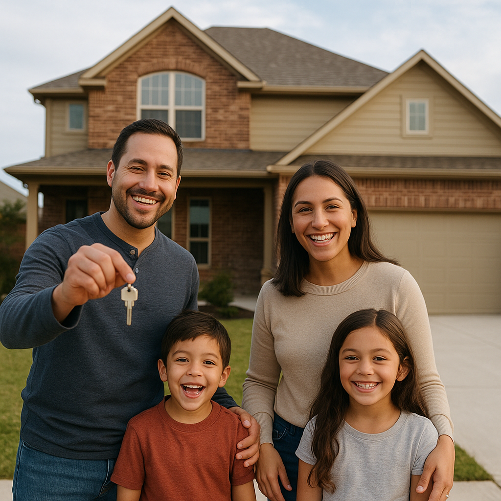 Happy family holding house keys in front of new Richardson Texas home with down payment assistance