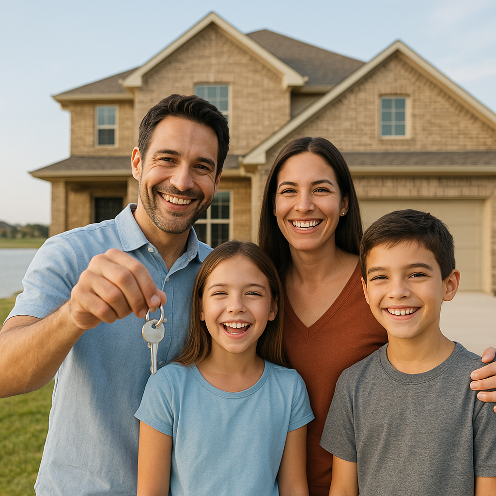 Happy family holding house keys in front of new Rockwall Texas home with down payment assistance