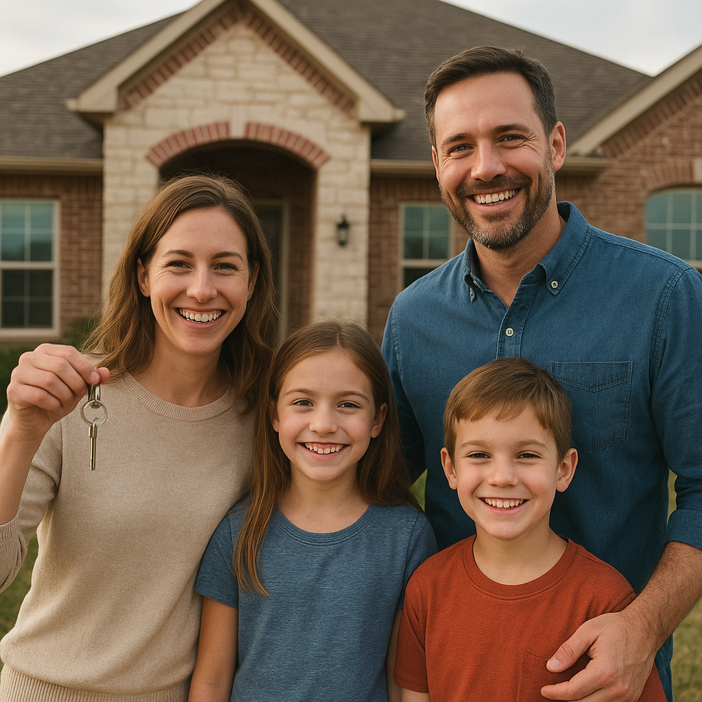 Happy family holding house keys in front of new Royse City Texas home with down payment assistance