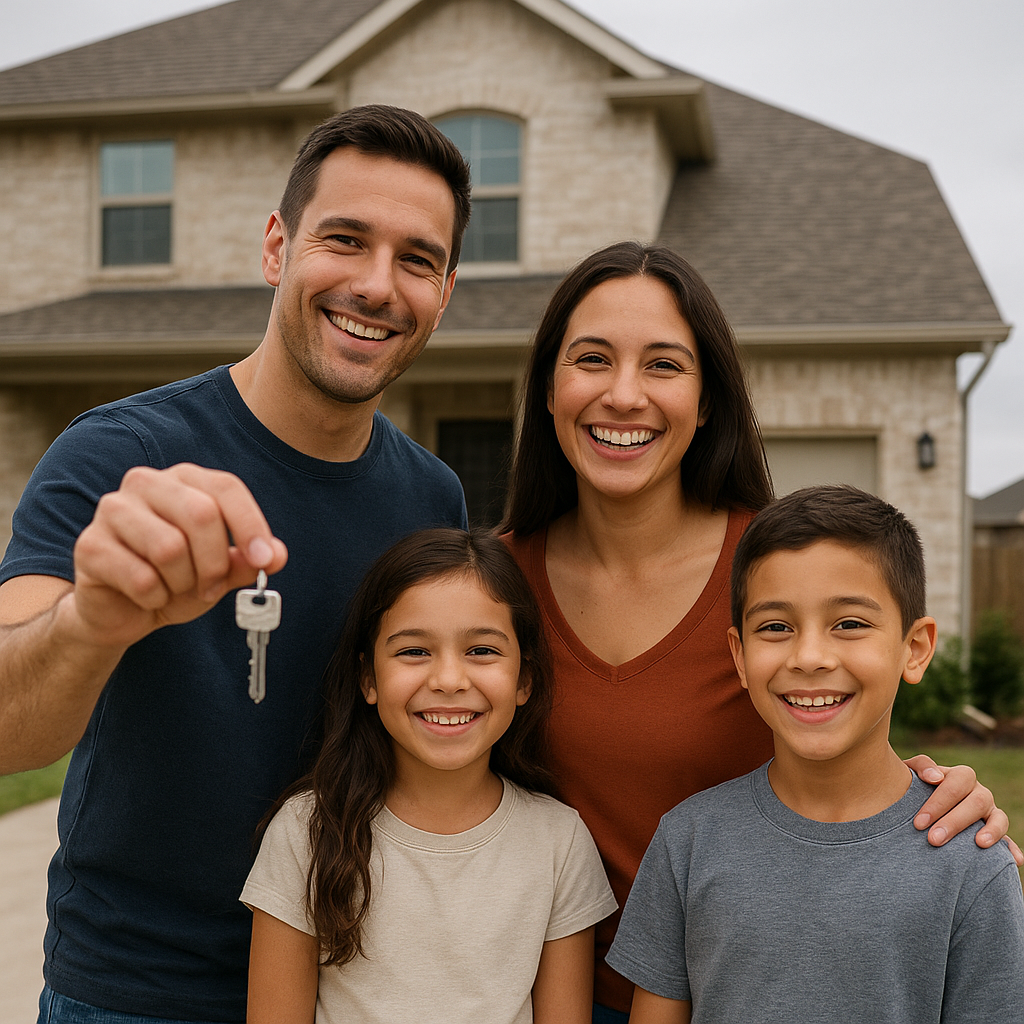 Happy family holding house keys in front of new Southlake Texas home with down payment assistance