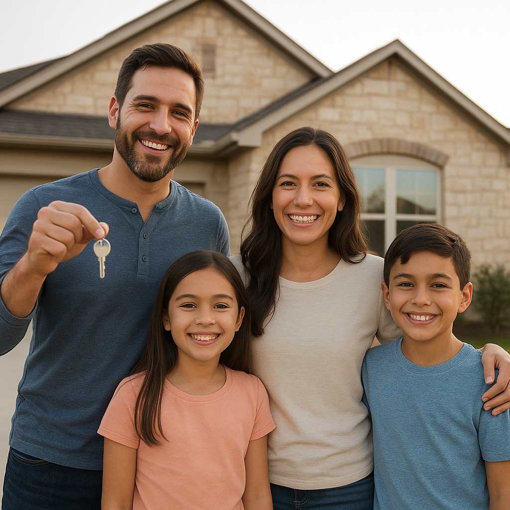 Happy family holding house keys in front of new Terrell Texas home with down payment assistance