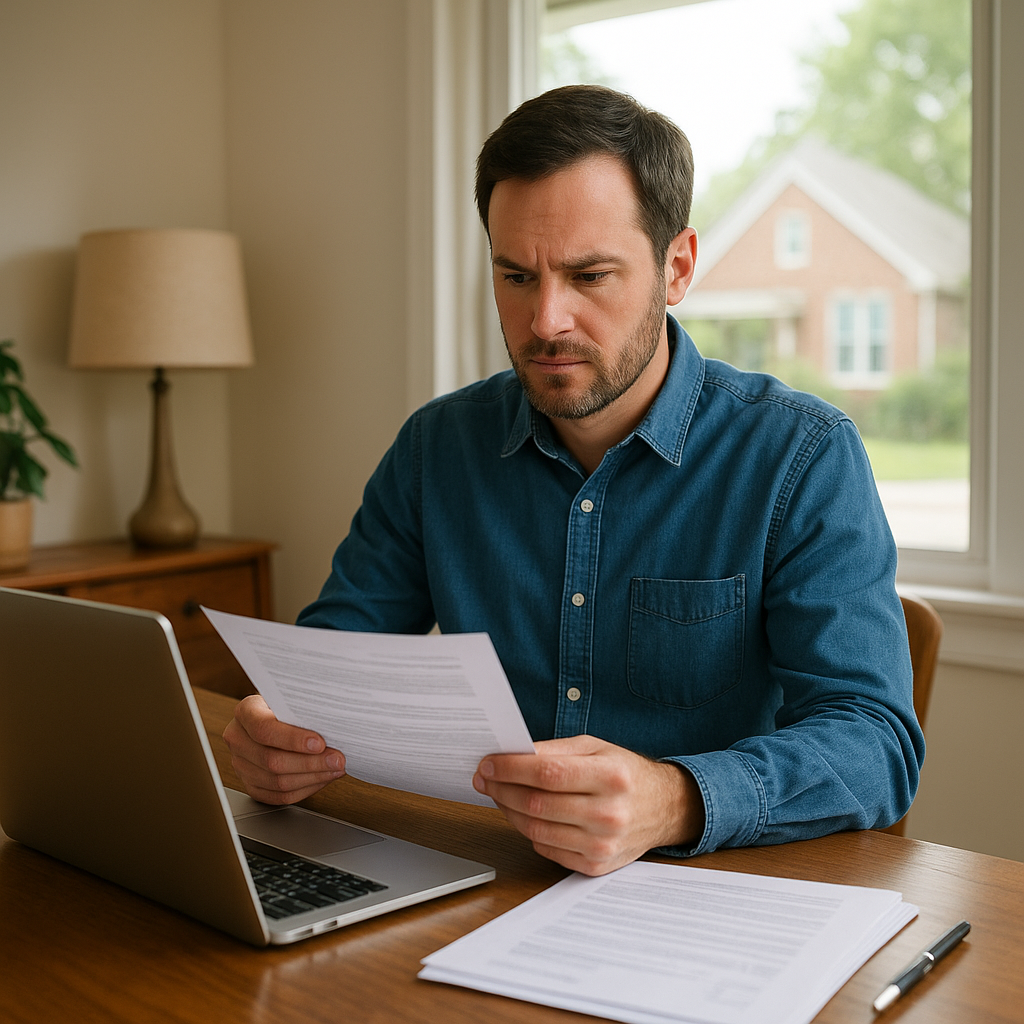 Real estate investor reviewing rental property documents and mortgage paperwork at desk in Texas