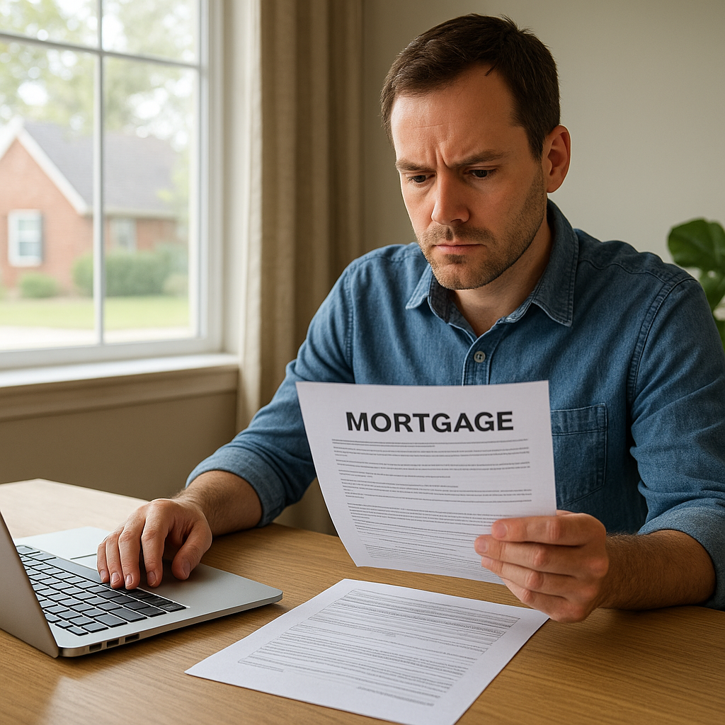 Homeowner reviewing mortgage paperwork at a home office desk with a laptop open, natural daylight, Texas suburban setting