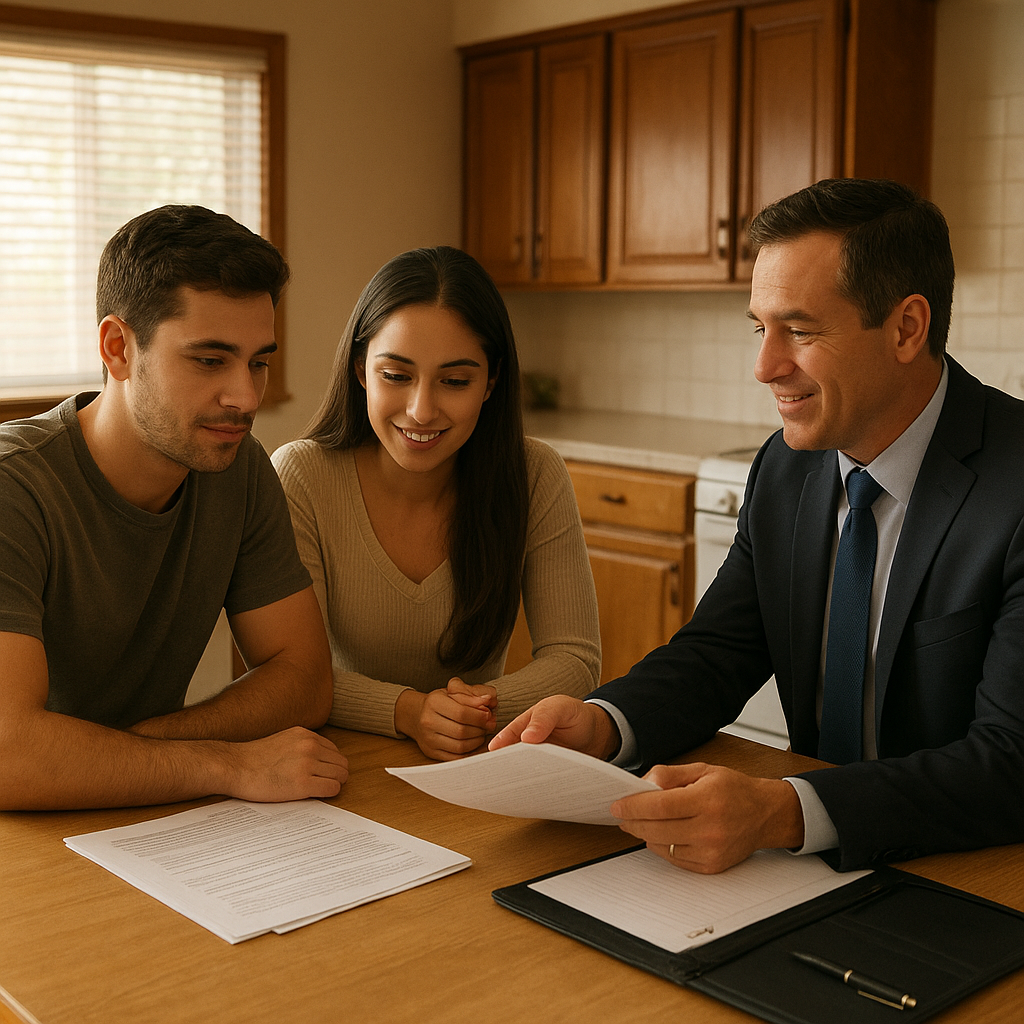 Young couple reviewing Fannie Mae HomeReady mortgage documents with loan officer in Texas home