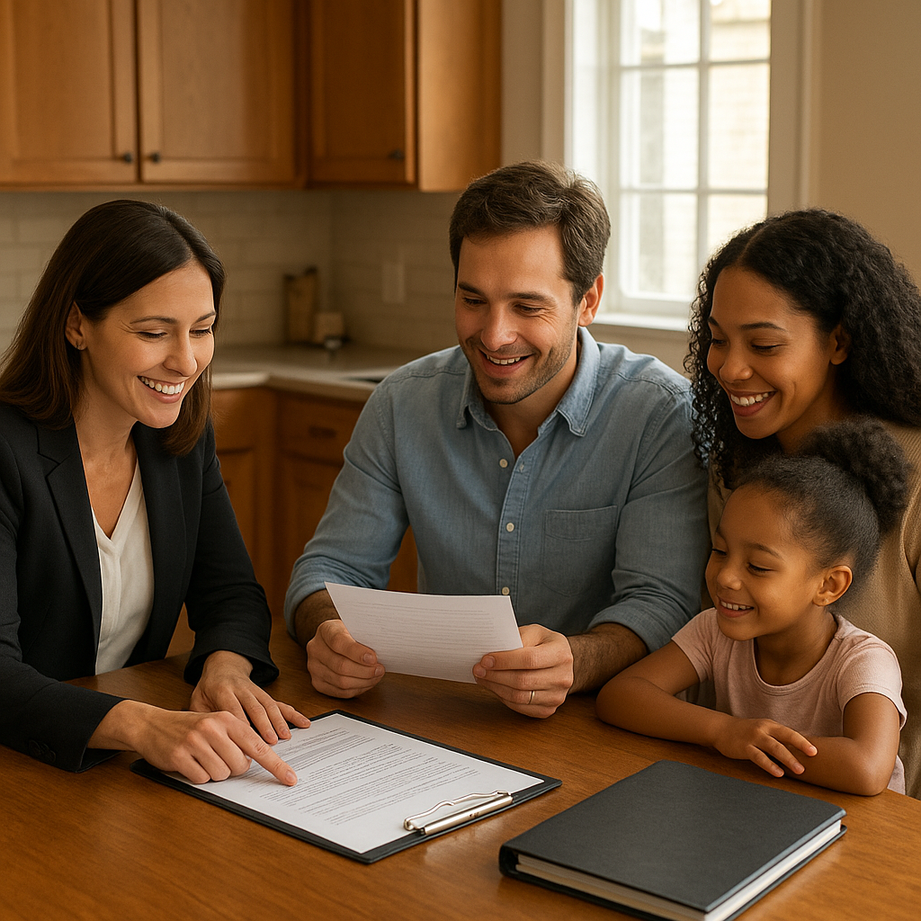 Family reviewing renovation mortgage documents with loan officer in Texas kitchen