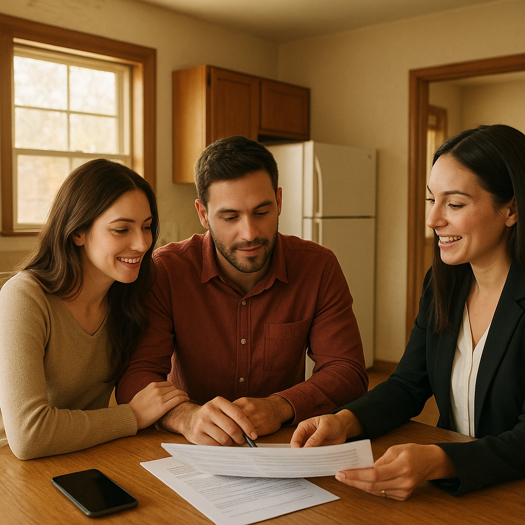 Multi-generational family reviewing home purchase documents at dining table in Garland Texas home