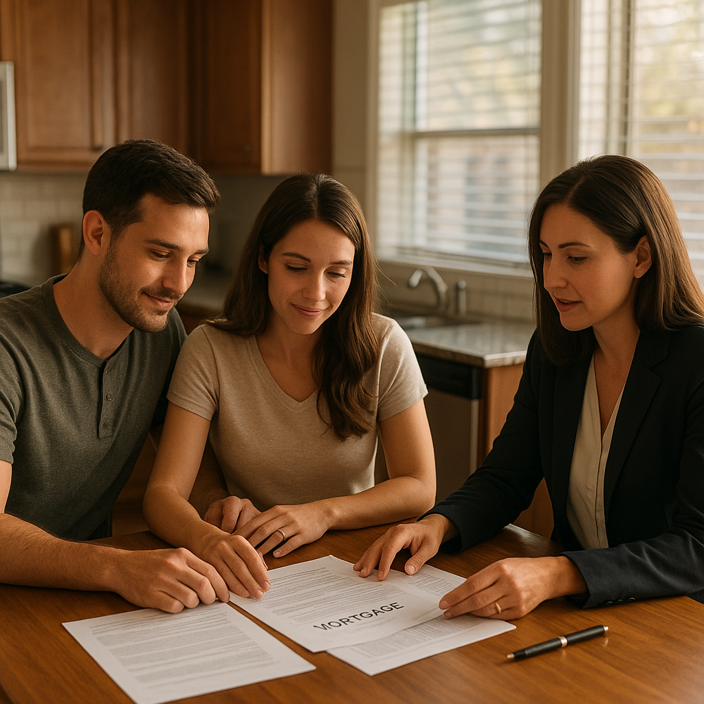 Couple reviewing FHA mortgage paperwork with a realtor in an Allen Texas home